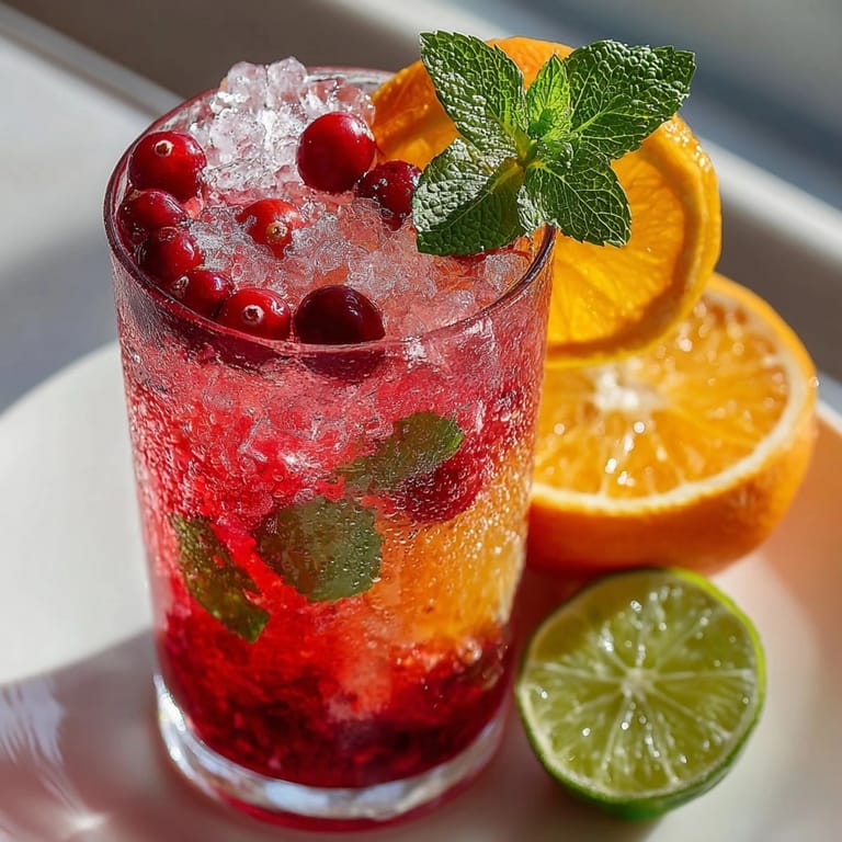 Festive Cranberry Ginger Mocktail in a tall glass, ice cubes visible, with a bright pour.
