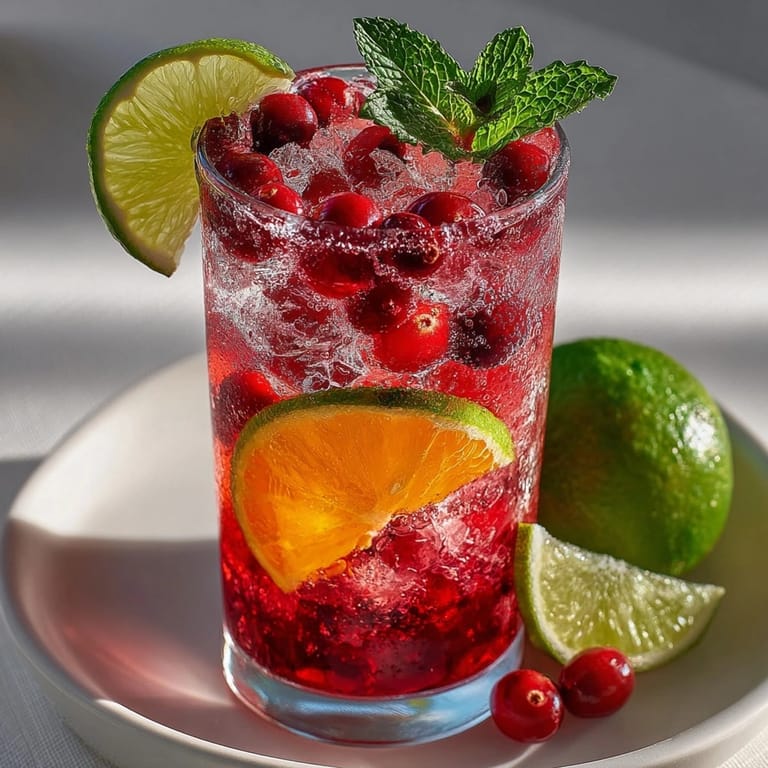 Homemade Cranberry Ginger Mocktail ingredients ready to be mixed: juice, syrup, garnishes, and soda.