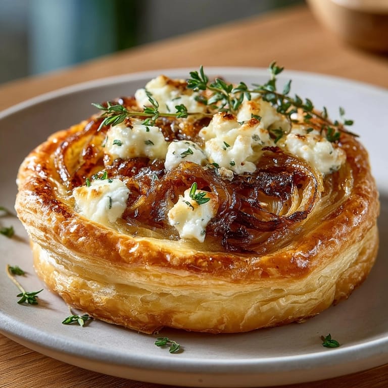 Warm, savory Caramelized Onion &amp; Goat Cheese Tartlets baking on a parchment-lined sheet.