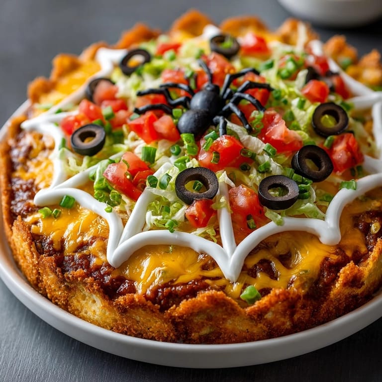 Imagine this cheesy, layered Spiderweb Taco Dip's spooky olive spider; serve chilled.