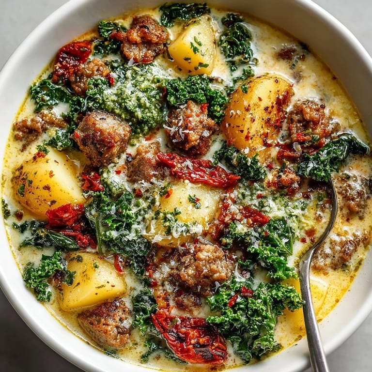 Close-up of savory Instant Pot Pesto Zuppa Toscana, garnished with Parmesan and fresh basil.