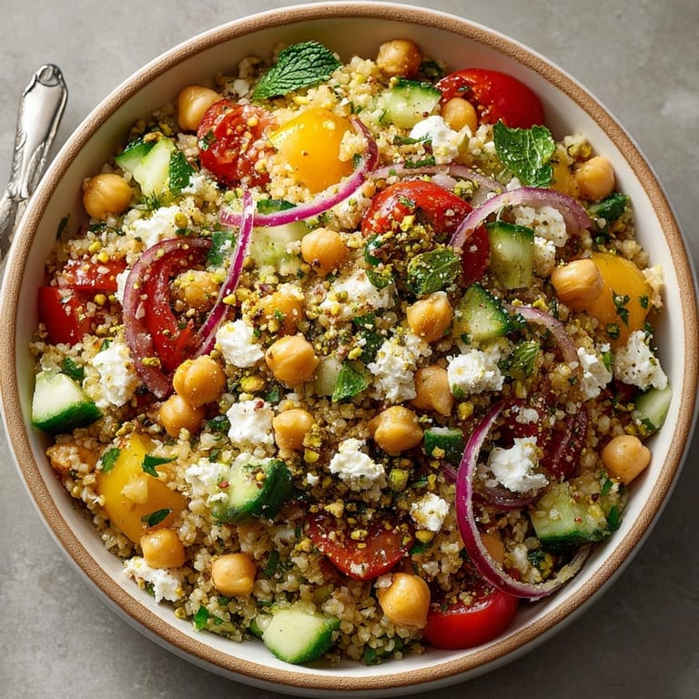 A spoonful of colorful Jennifer Aniston Salad, emphasizing the textures of pistachios, feta, and chopped vegetables.