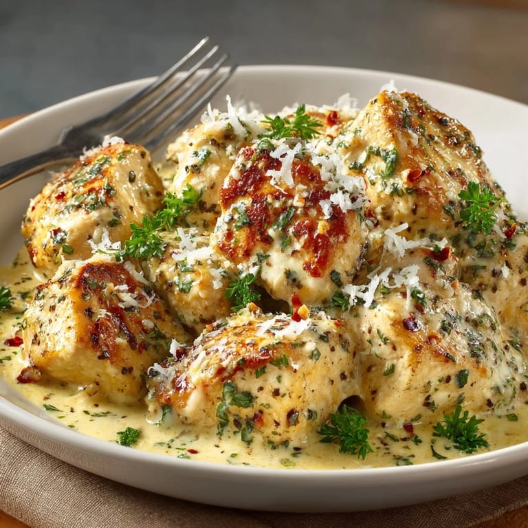 Golden brown Creamy Garlic Chicken in decadent sauce, ready to be served over pasta.