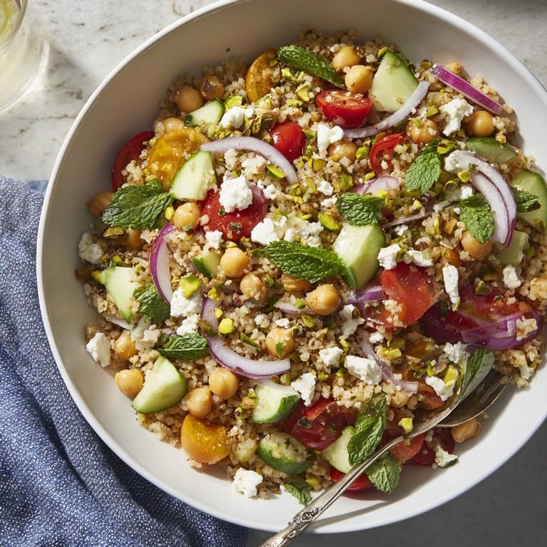 A satisfying bowl of Jennifer Aniston Salad with feta, pistachios, offering a protein-packed lunch.