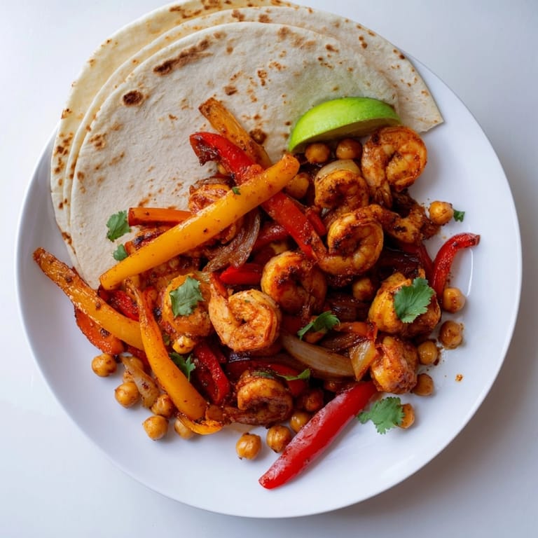 Eye-level shot of sizzling Shrimp &amp; Chickpea Sheet Pan Fajitas; bright, delicious mixture.