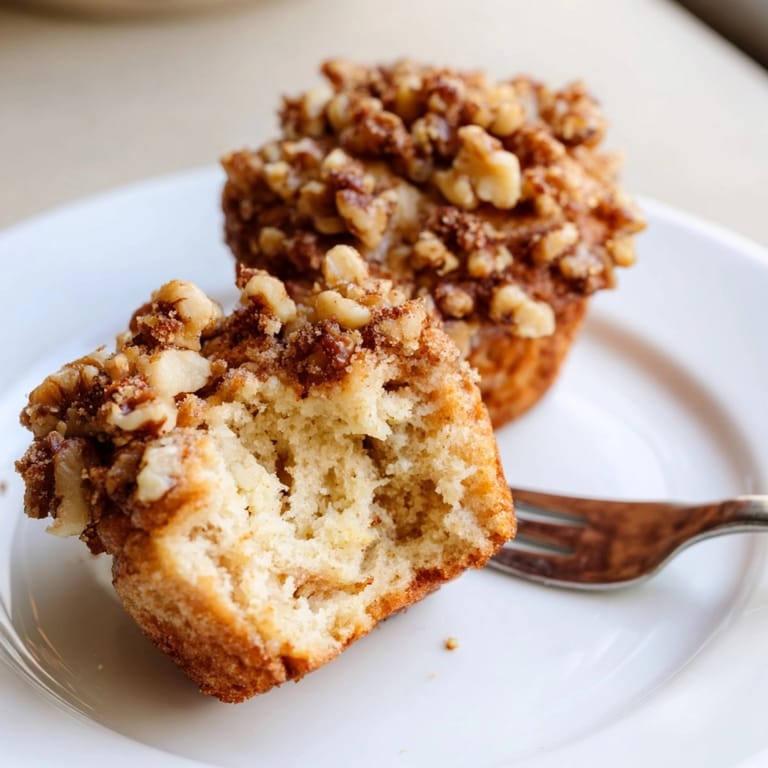 Close-up of crumbly, moist Ricotta Walnut Crunch Muffins revealing rich texture and delicious walnut pieces.