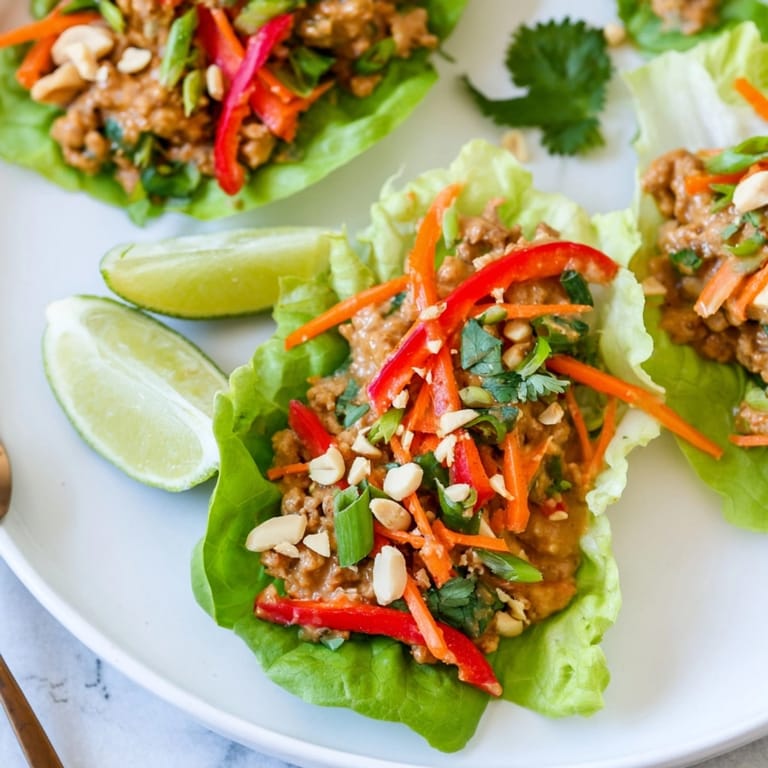 Making flavorful, easy Thai Peanut Turkey Lettuce Wraps: ground turkey simmering in peanut sauce.