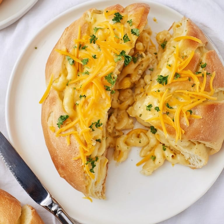 Buttery crescent rolls stuffed with creamy mac and cheese filling, a comforting American appetizer.