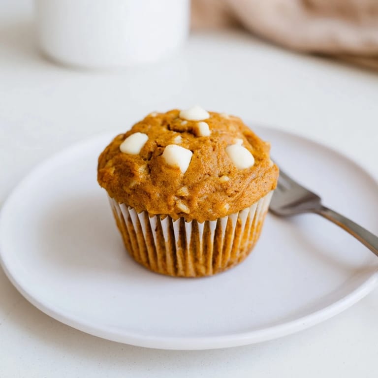 Fluffy pumpkin muffins with fragrant spices and generous white chocolate chunks throughout.
