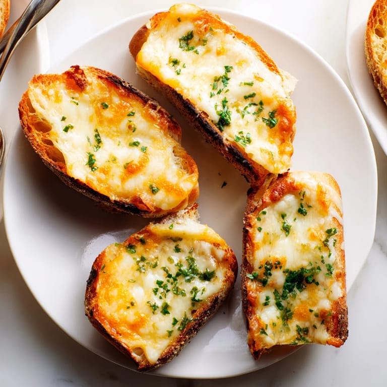 Golden, bubbly Chili Cheese Garlic Bread Slices, topped with spicy green chilies and garlic.