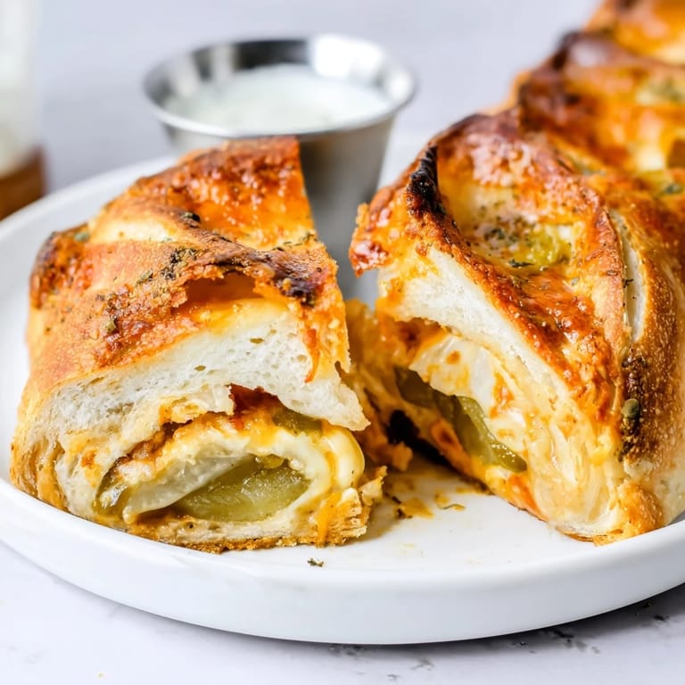 Golden-brown Cajun Pickle Pizza Sticks served warm with creamy ranch dipping sauce.