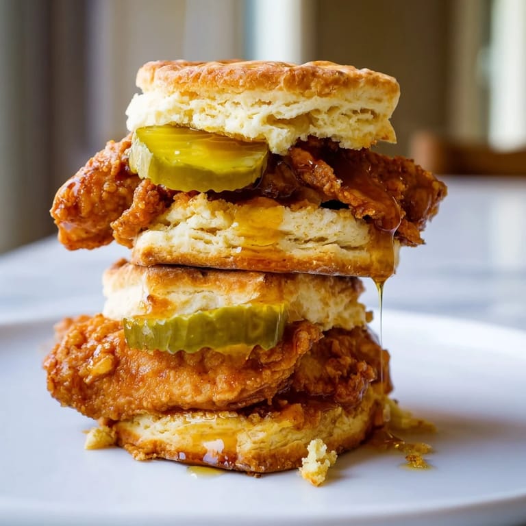 Delicious Nashville Hot Honey Biscuit Sliders stacked with pickles and flaky biscuits for brunch gatherings.  