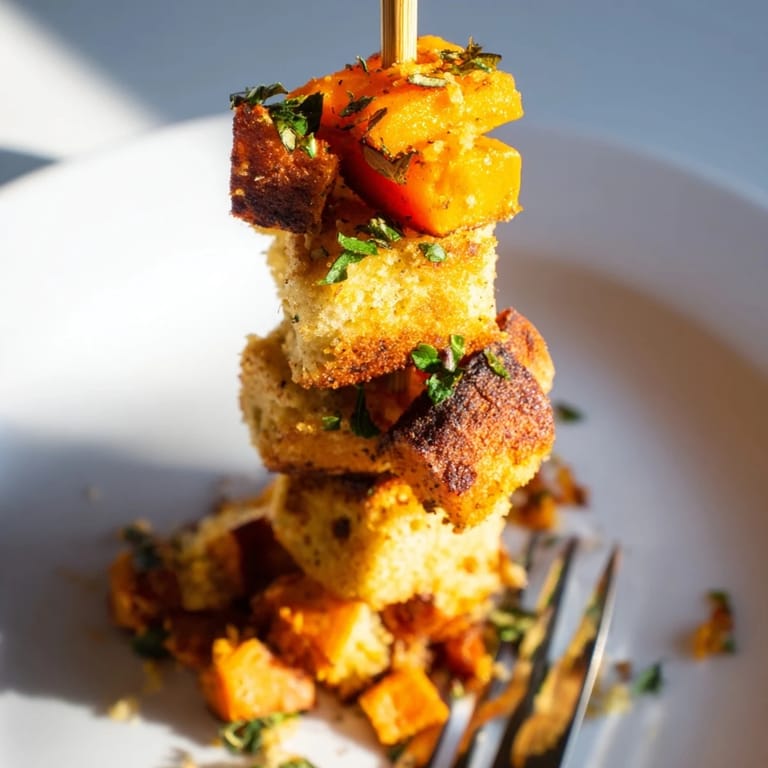 Warm Sweet Potato Chili Garlic Biscuit Muffin Skewers garnished with chives for extra flavor.