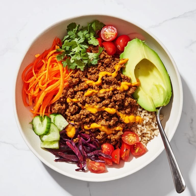Savory plant-based meat bowl drizzled with spicy mayo and fresh cilantro sprigs.