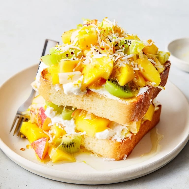 Indulgent Yogurt-Custard Toast, showcasing luscious tropical flavors and creamy texture.