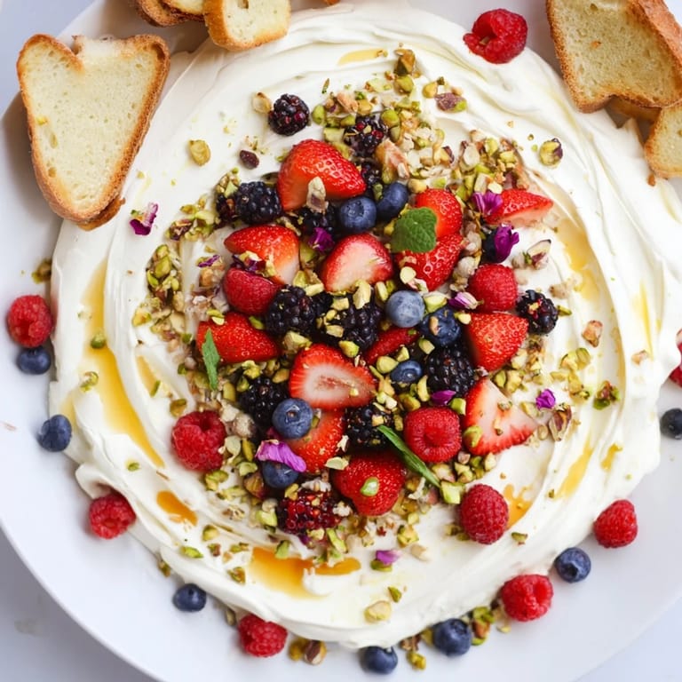 Creamy whipped flavored cream cheese on a stylish serving board with vibrant berries.  