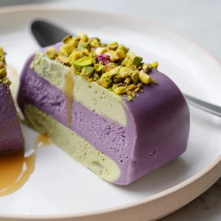 Vibrant ube and nutty pistachio layers create a stunning dessert treat.  