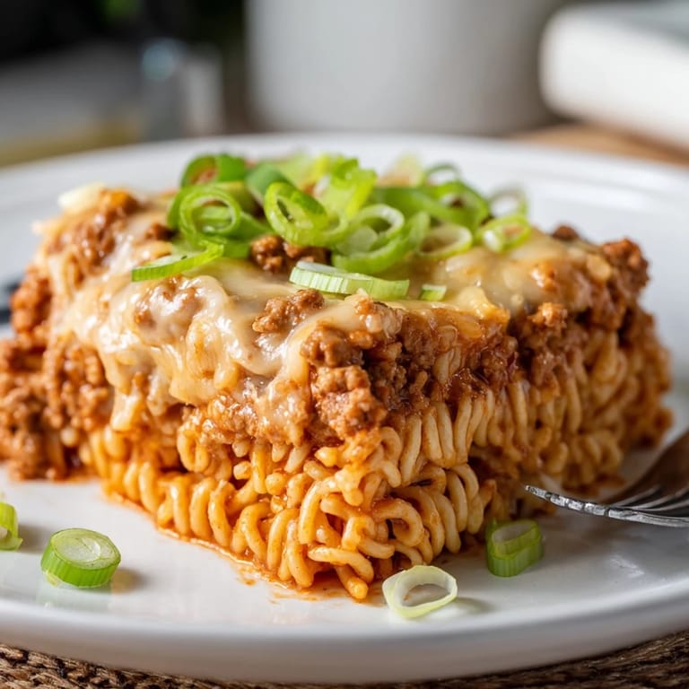 Mouthwatering Spicy Ramen Lasagna baked until golden, perfect for cozy family dinners.
