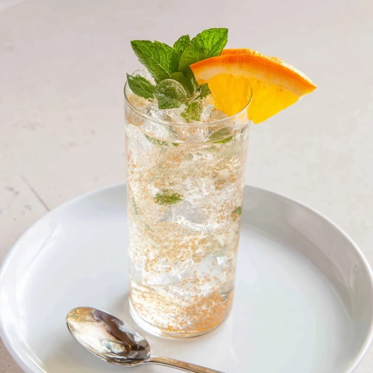 Effervescent probiotic soda mocktail garnished with orange slices and mint leaves, a delightful sip.  