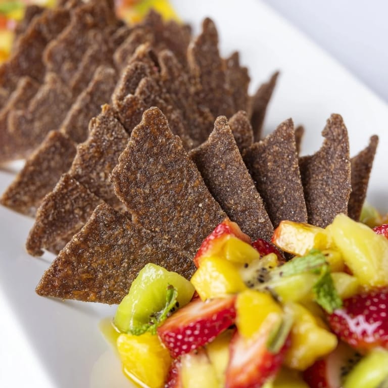 Homemade chocolate tortilla chips paired with a refreshing fruit salsa for dessert delight.  