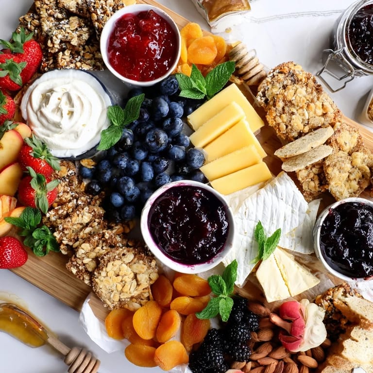 Beautifully arranged jam-infused brunch board with sweet and savory delights for sharing.
