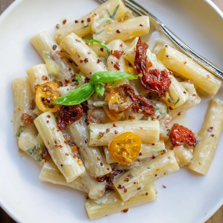 Oven-baked feta pasta topped with fresh basil, served warm and deliciously creamy.  