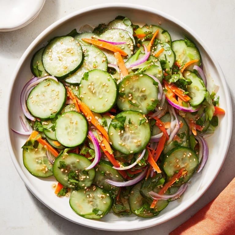 Tangy cucumber salad remix tossed with Asian spices for a quick, healthy side.