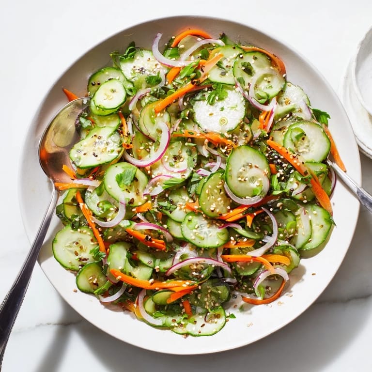 Cucumber salad remix garnished with sesame seeds for extra crunch and flavor.  