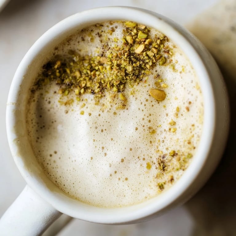 Homemade pistachio milk latte, rich and aromatic, ideal for cozy mornings at home.  
