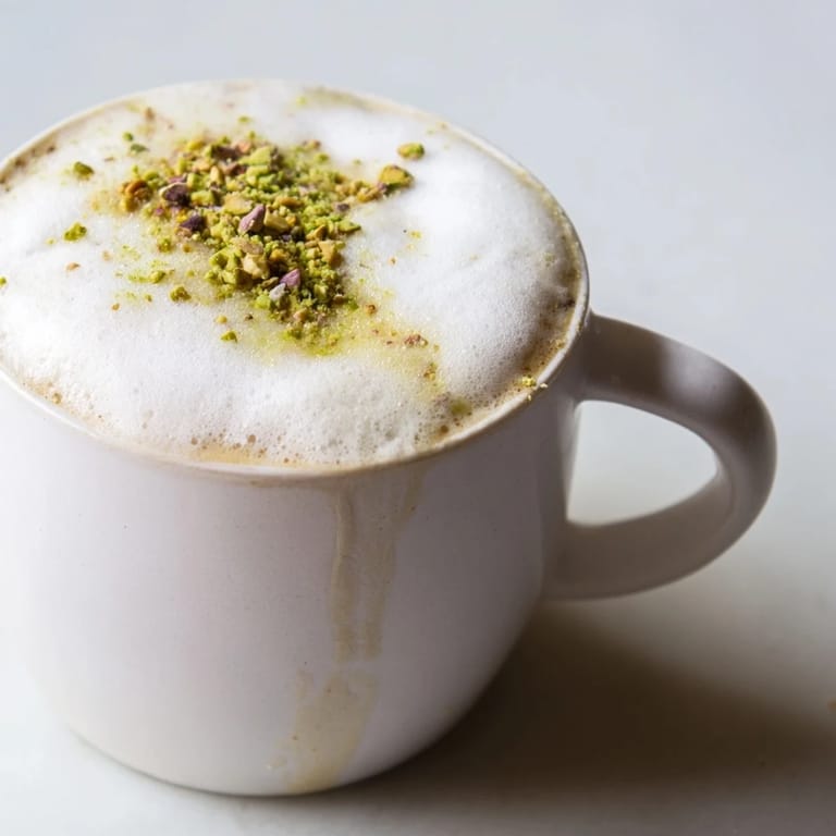 Delicious pistachio milk latte with frothy layers and nutty garnish, a delightful treat.