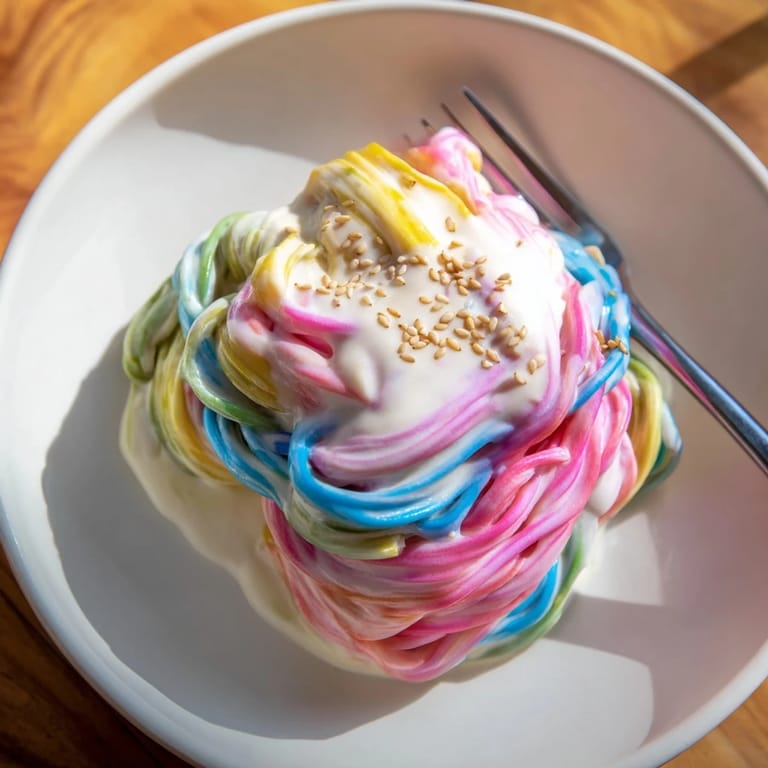Whimsical Neon Noodle Cloud featuring a soft, creamy sauce and vibrant noodles.