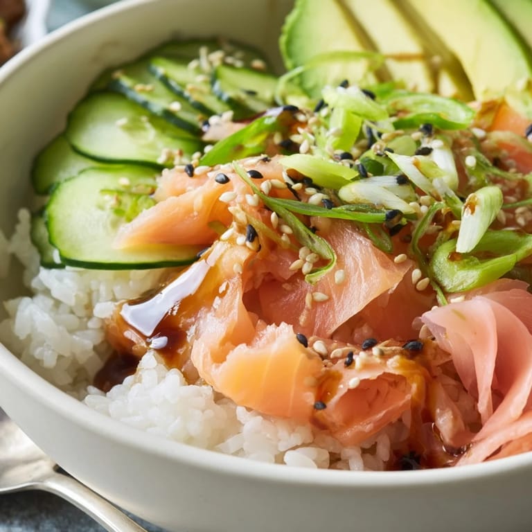 Quick and easy Leftover Salmon & Rice Bowl garnished with sesame seeds and pickled ginger.