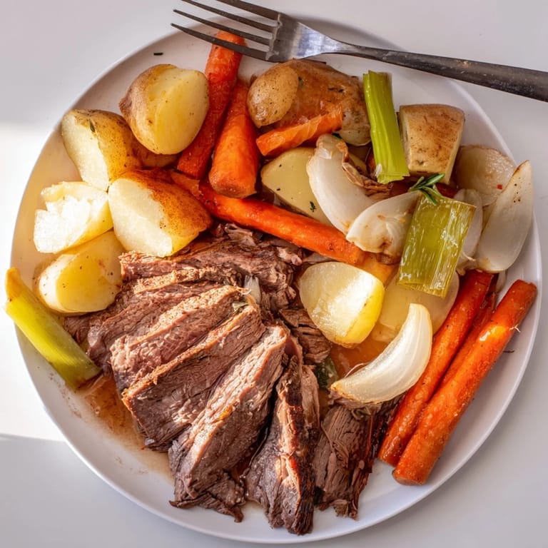 Aromatic Sunday Pot Roast with garlic and thyme, served with hearty seasonal vegetables.  