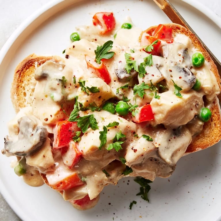 Savory chicken à la king drizzled over golden toast, a family favorite dish.