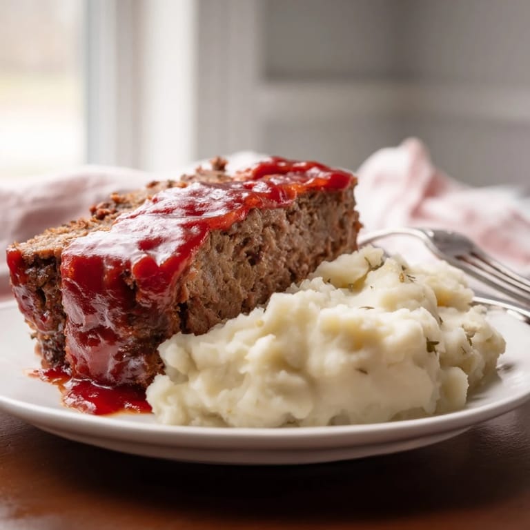Juicy meatloaf topped with sweet glaze, paired with buttery mashed potatoes for comfort.