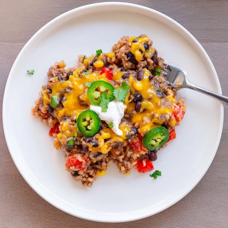 Savory Tex-Mex Beef & Rice Casserole topped with jalapeños and fresh cilantro garnish.