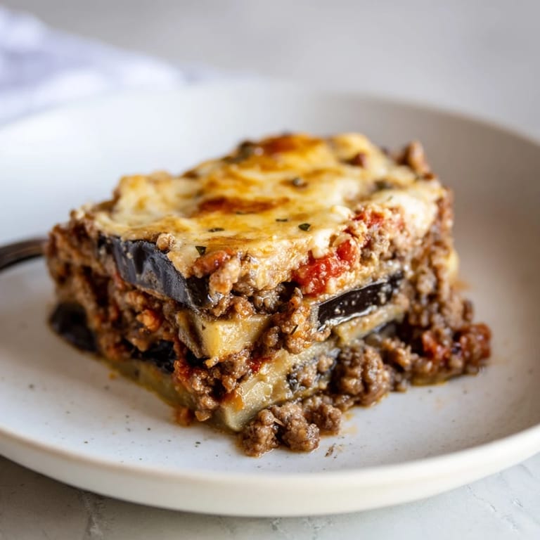 A hearty serving of moussaka with beef and eggplant, perfect for family dinners.  