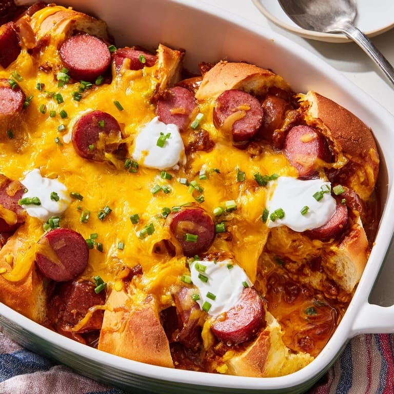 Comforting Chili Dog Casserole with sliced hot dogs and savory chili, bursting with flavor.  