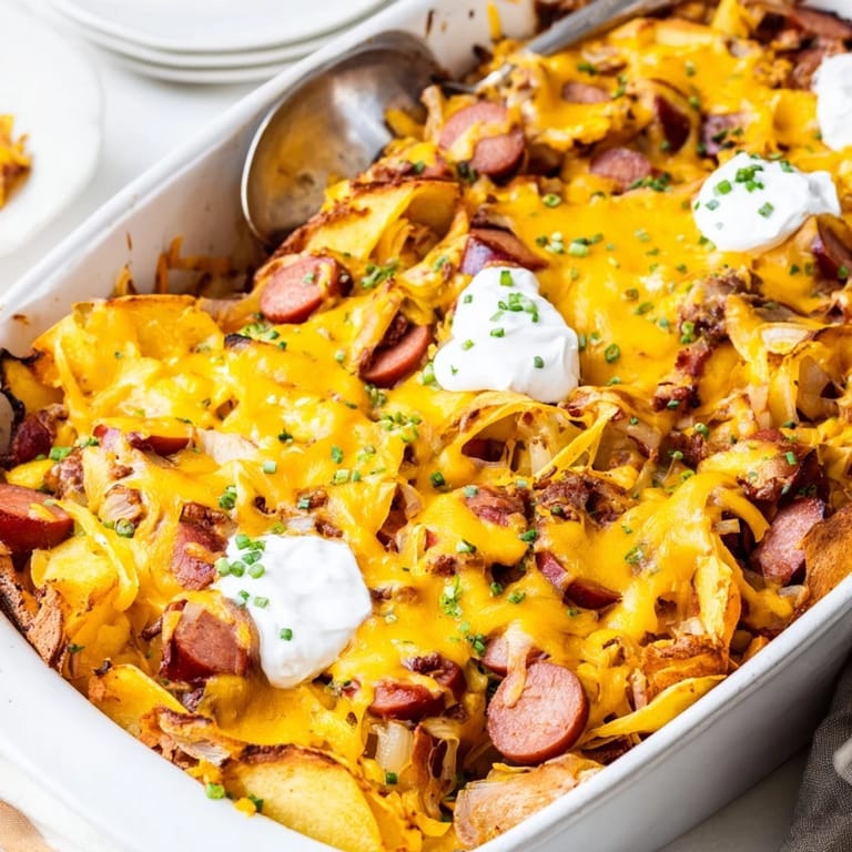 Hearty Chili Dog Casserole fresh from the oven, invitingly cheesy and wonderfully satisfying.