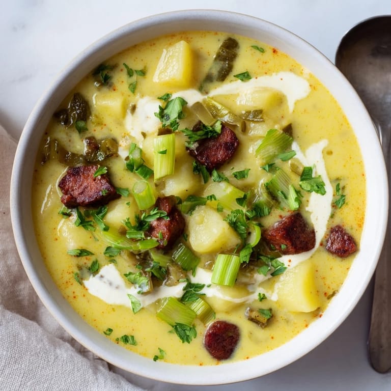 Hearty Potato, Leek & Chorizo Soup steaming in a rustic bowl.