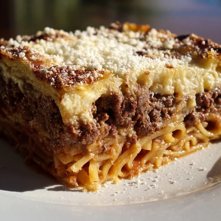 Golden-brown Greek Pastitsio layered with savory meat sauce and rich cheese topping.