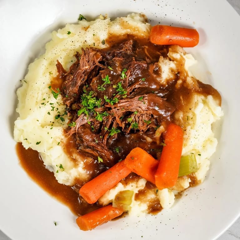 Fork-tender, flavorful pot roast nestled with vegetables, a classic American comfort food.