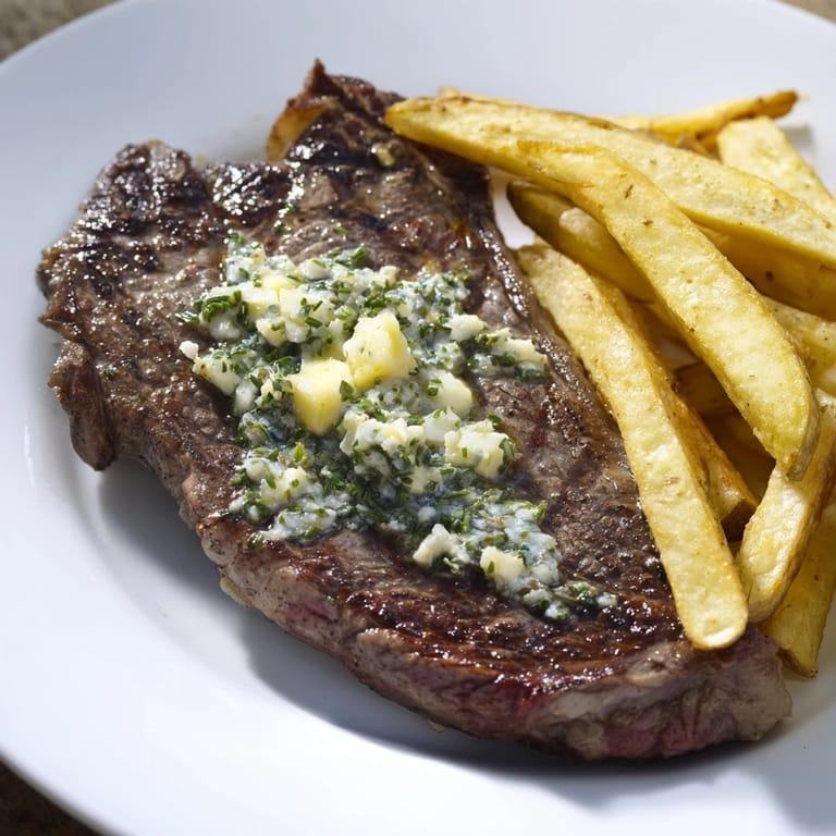 Picture a sizzling Steakhouse Garlic Butter Steak & Fries, with perfectly cooked steak and seasoned fries, a delicious meal.