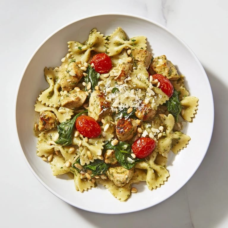 Savor the delicious Pesto Chicken Bowtie Pasta, a comforting Italian-American meal with fresh basil.