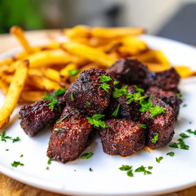 Perfectly seared Blackened Cajun Steak Bites alongside a generous helping of golden, seasoned fries for dinner.