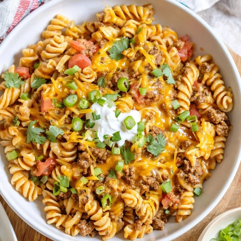 A steaming skillet of Cheesy Taco Pasta, loaded with ground beef, pasta, and a generous cheese topping.