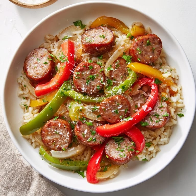 Hearty Italian Sausage & Peppers Rice Plate, complete with fresh parsley garnish, a fantastic meal.