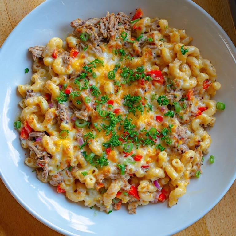 A close-up of a richly flavored BBQ Rib Macaroni Skillet, ready to be served hot.