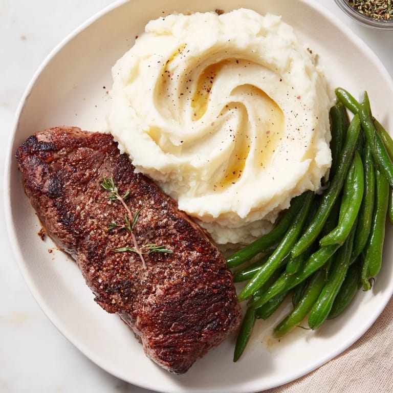 Browned sirloin steaks atop the sheet pan alongside fluffy garlic mashed potatoes for this recipe.
