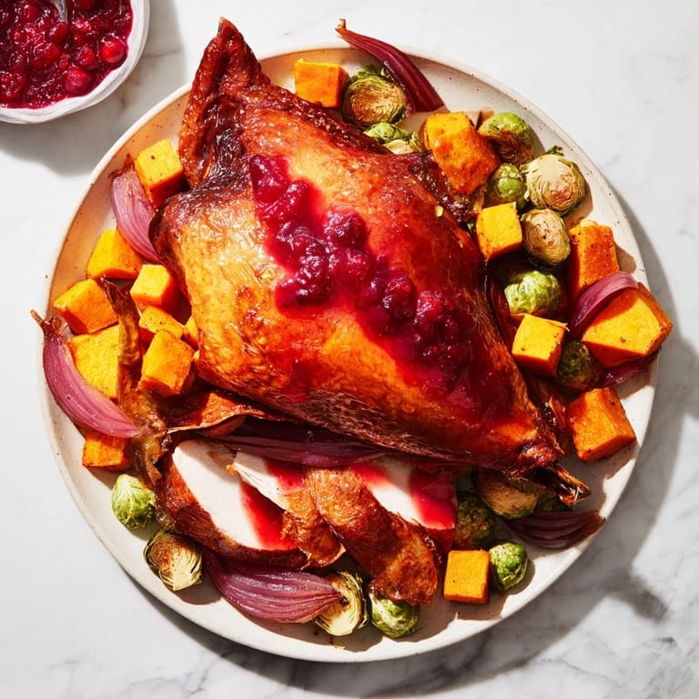 A close-up of a golden sheet-pan roasted turkey breast surrounded by roasted vegetables and cranberry glaze.